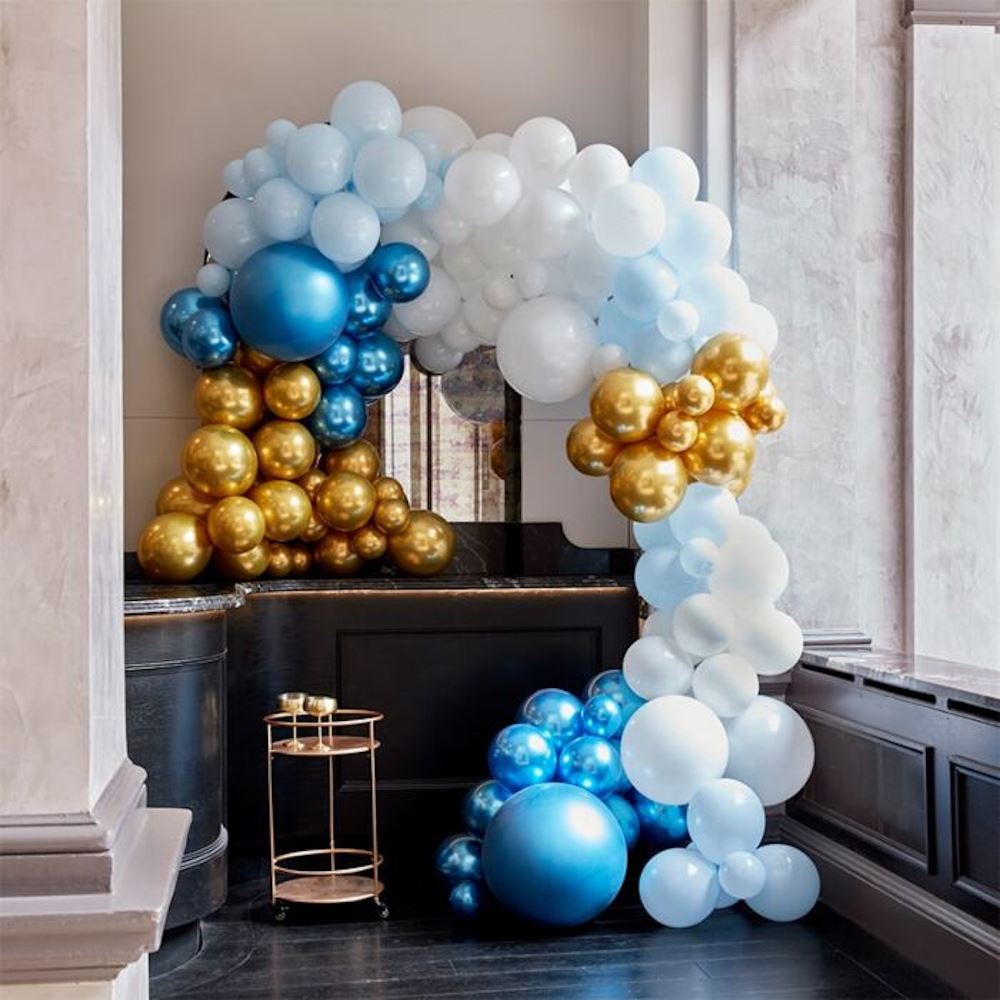 blue-and-gold-balloon-backdrop-arch-garland-200-balloons|BA-323|Luck and Luck| 1