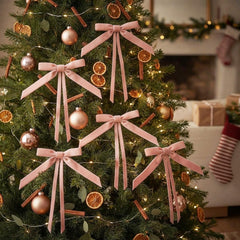 Pink Velvet Christmas Bows Festive Present Home Tree Decorations Styling Set of 8