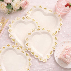 Cream Ivory Gold Heart Paper Plates Wedding Tableware (Pack of 6, 26 cm)