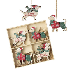 Wooden Merry Christmas Dog Hanging Decorations for Rustic Festive Homes, Pack of 8