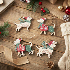 Wooden Merry Christmas Dog Hanging Decorations for Rustic Festive Homes, Pack of 8