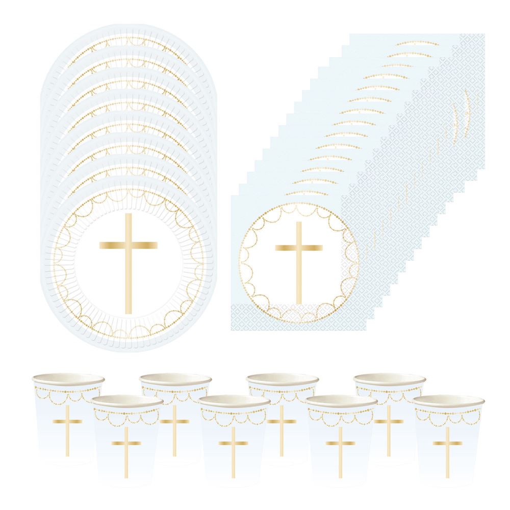 gold-cross-blue-party-pack-plates-cups-napkins-baptism-christening|LLBLUECROSSPP|Luck and Luck| 1