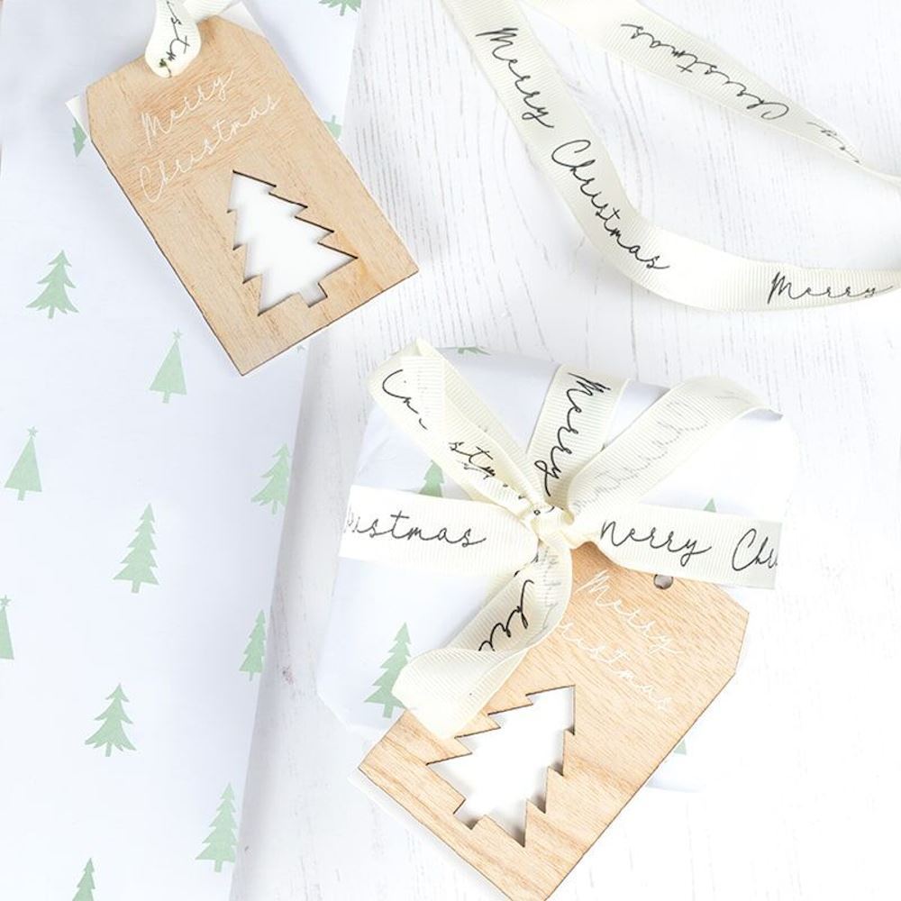 White Green Christmas Wrapping Paper with Ribbon and Wooden Tag, Pack of 2