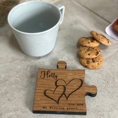 Personalised Couple Coaster Oak Veneer Jigsaw Design - Unique Gift For Weddings and 5th Anniversary