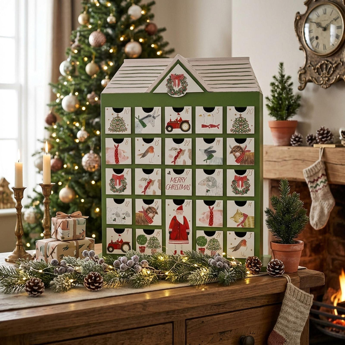 Wood Christmas Advent Calendar Farm Mini Drawers 1-24 Green Red Festive Home Decor
