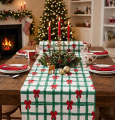 Green Bows Squares Christmas Polyester Table Runner Festive Holiday Dining Table Decor 3m