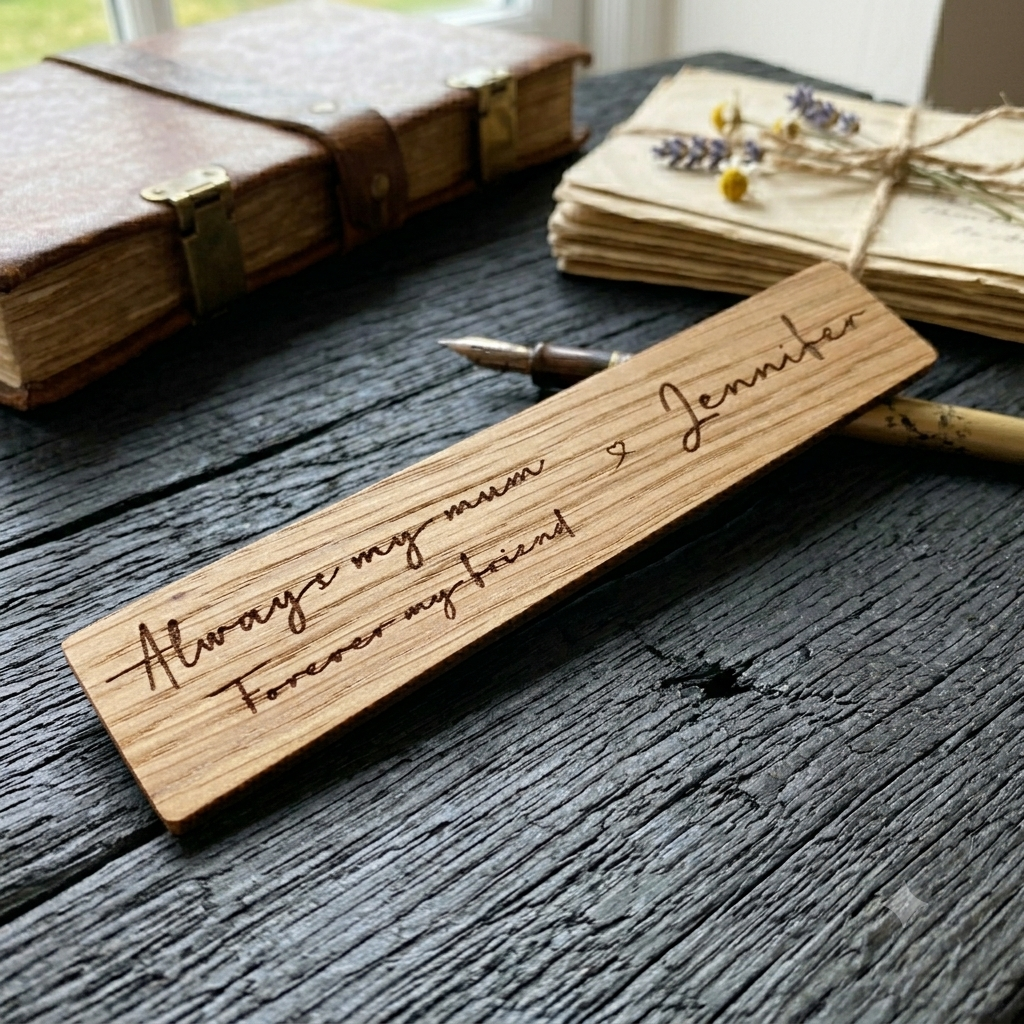 Personalised Wooden Oak Veneer Bookmark – Custom Engraved with Optional Note – Unique Gift for Book Lovers