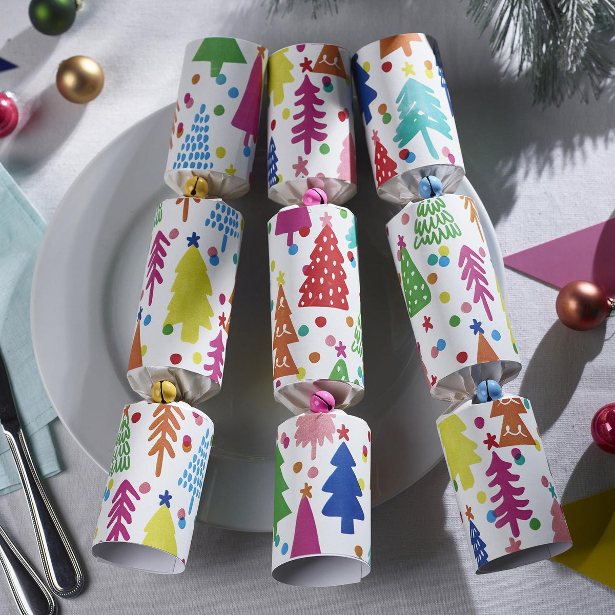 Bright Christmas Tree Colourful Crackers Festive Party Tableware Pack Set of 6