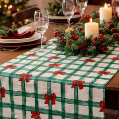 Green Bows Squares Christmas Polyester Table Runner Festive Holiday Dining Table Decor 3m