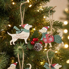 Wooden Merry Christmas Dog Hanging Decorations for Rustic Festive Homes, Pack of 8