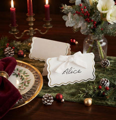 White Wavy Edge Place Cards with Velvet Bows for Christmas Tables Pack of 8