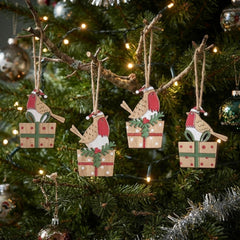 Wooden Birds on Presents Christmas Hanging Decorations for Rustic Festive Homes, Pack of 8