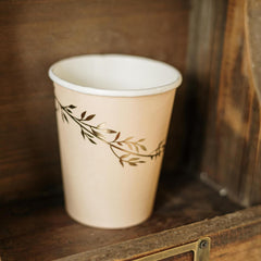 Peach Blush Gold Leaf Paper Party Paper Disposable Cups (Pack of 8, 255 ml)