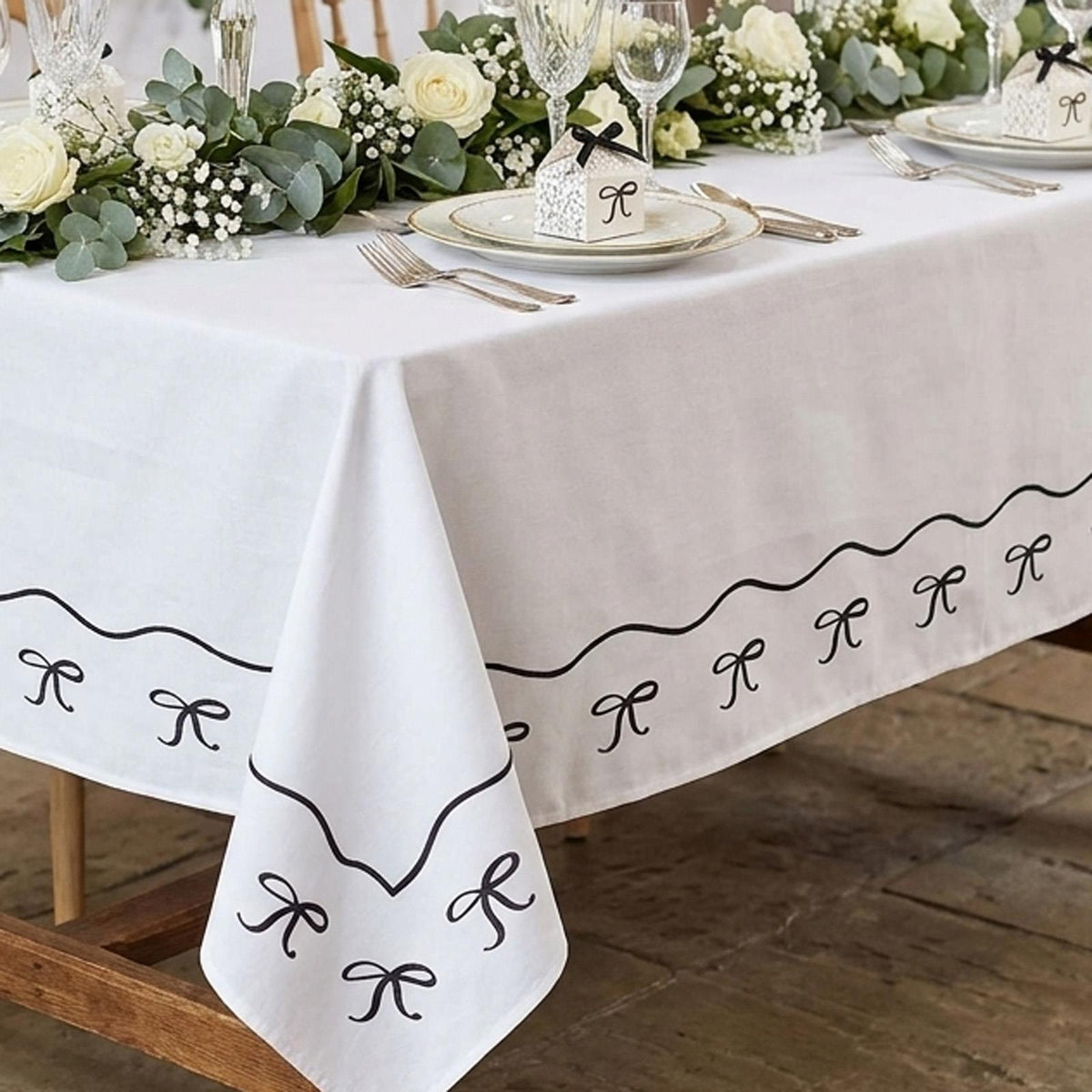 White Black Bow Cotton Table Cloth Party Cover Decoration (140 cm x 240 cm)