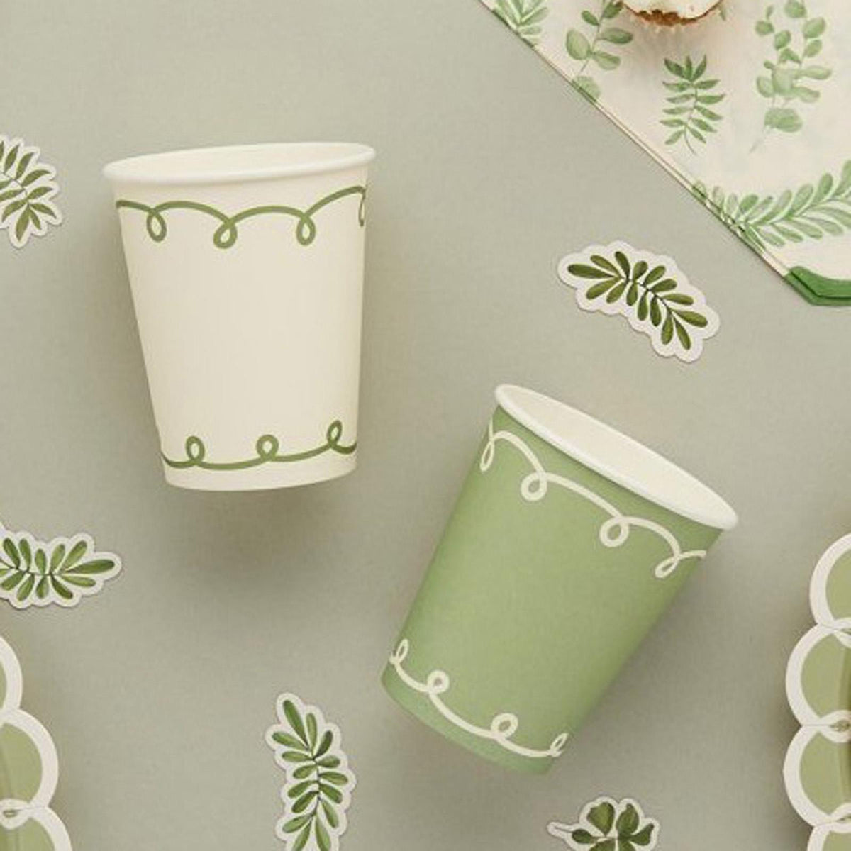 Botanical Paper Cups Green White Party Tableware (Pack of 8, 7.5cm)