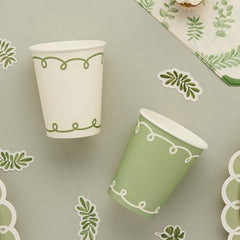 Botanical Paper Cups Green White Party Tableware (Pack of 8, 7.5cm)