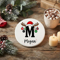 White Porcelain Personalised Christmas Initial Coaster with Name for Festive Table