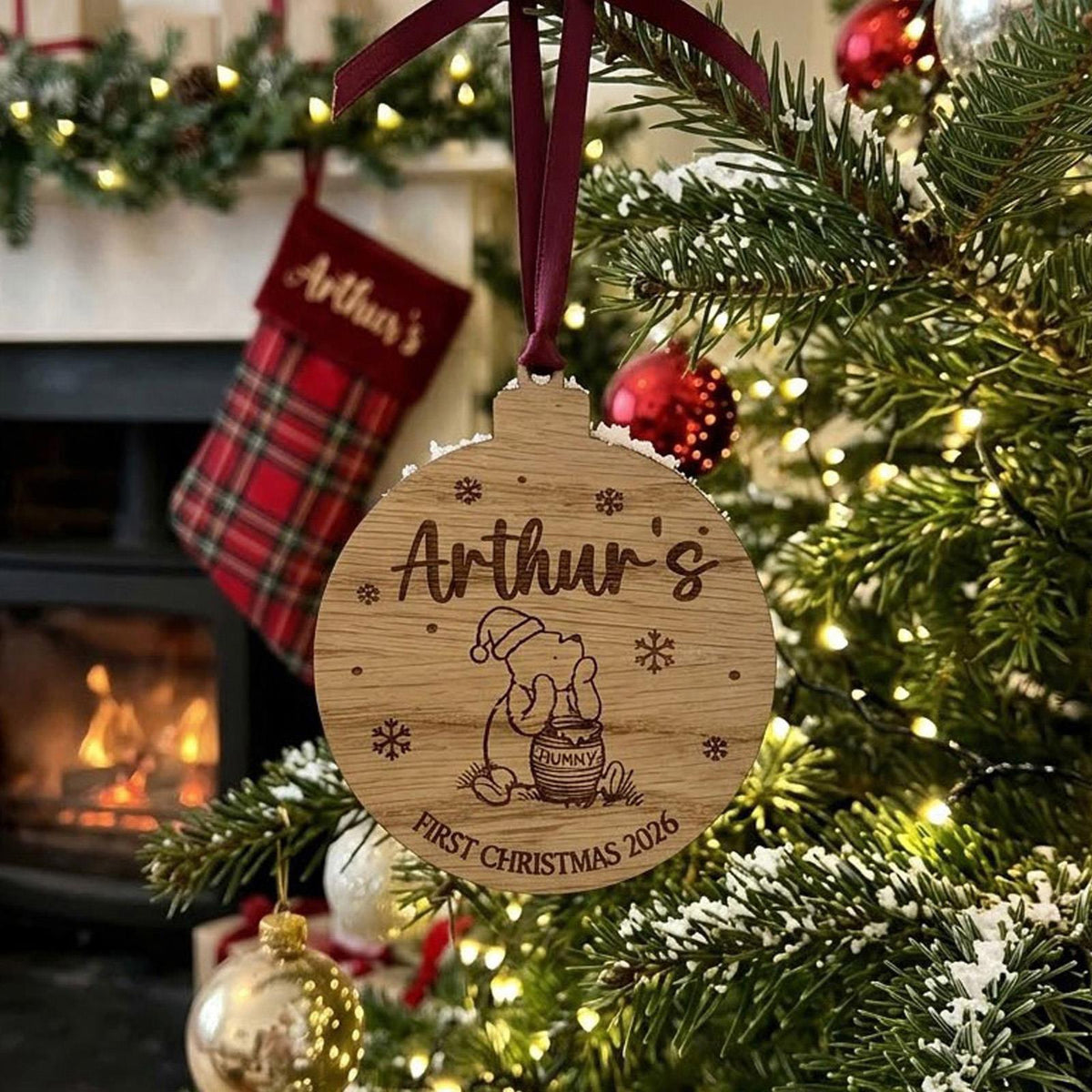 Personalised Winnie The Pooh Baby's First Christmas Wooden Bauble Tree Decoration