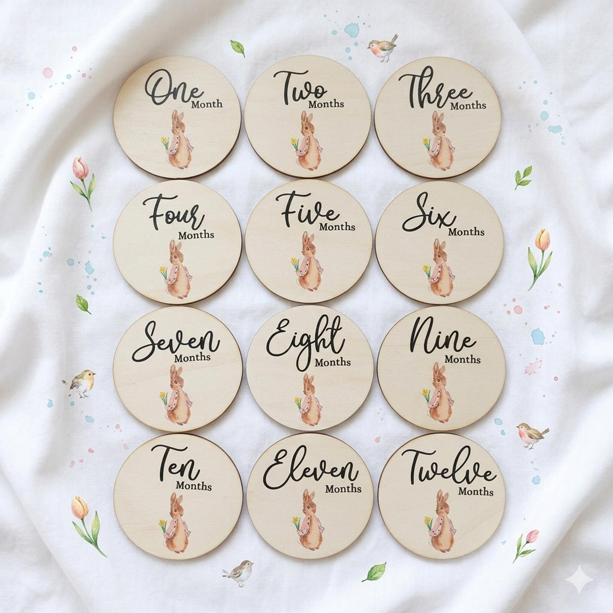Flopsy Rabbit Wooden Baby Milestone Discs for New Baby Photo Gifts (9.9 cm)
