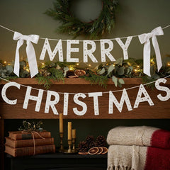 White Gold Merry Christmas Card Banner with Velvet Bows for Festive Home Decor 2m
