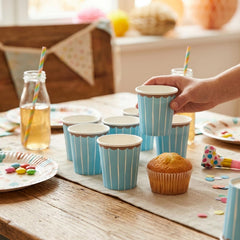 Blue Striped Small Paper Party Cups for Birthdays and Celebrations (Pack of 10)