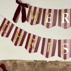 Pink Red Merry Christmas Card Banner with Velvet Bows for Festive Home Decor 2m