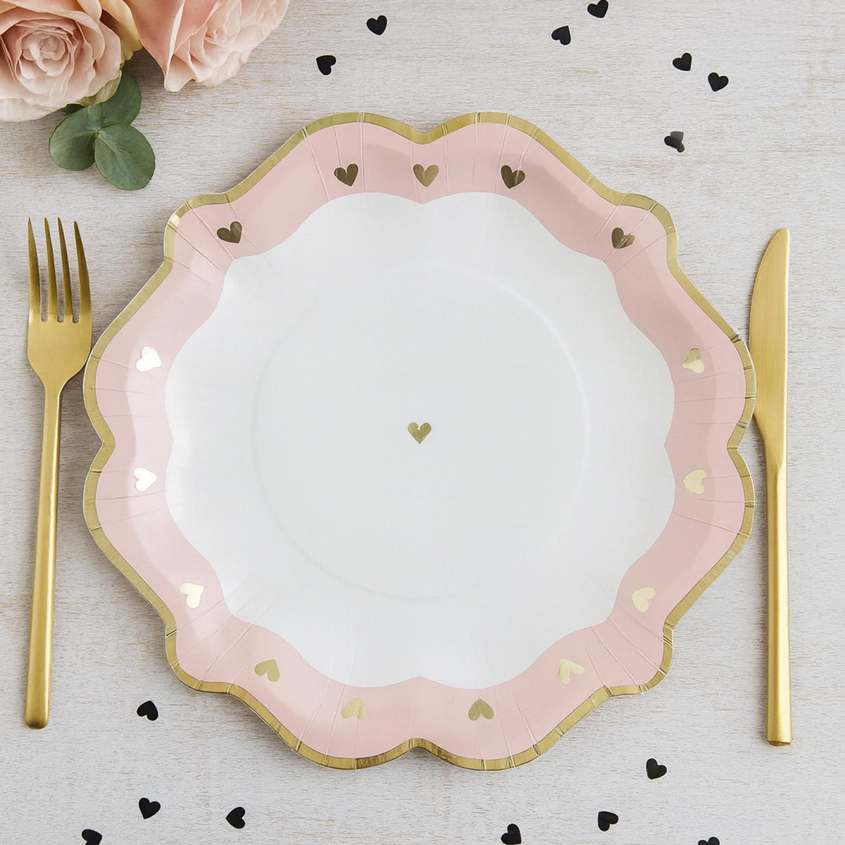 Pink Gold Heart Paper Plates Pack of 8 – Birthday Party Tableware