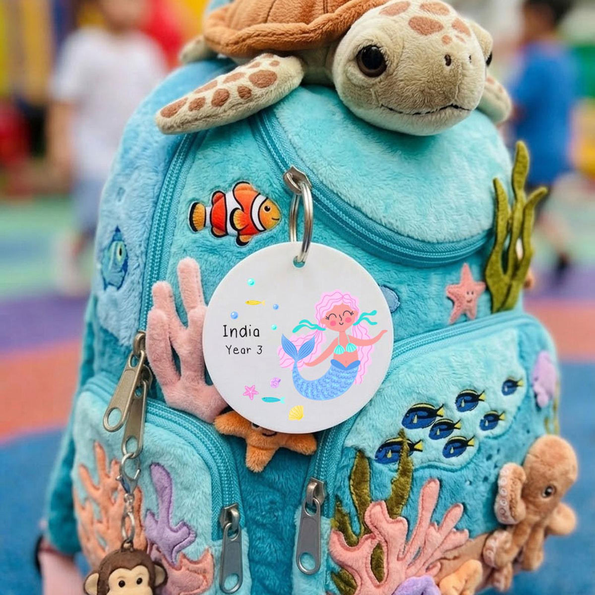 Personalised Mermaid Acrylic Kids School Bag Name Tag  Keyring Gift for Children