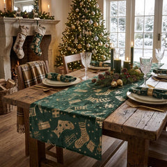 Green Gold Christmas Stocking Velvet Table Runner 3m for Festive Dining Tables