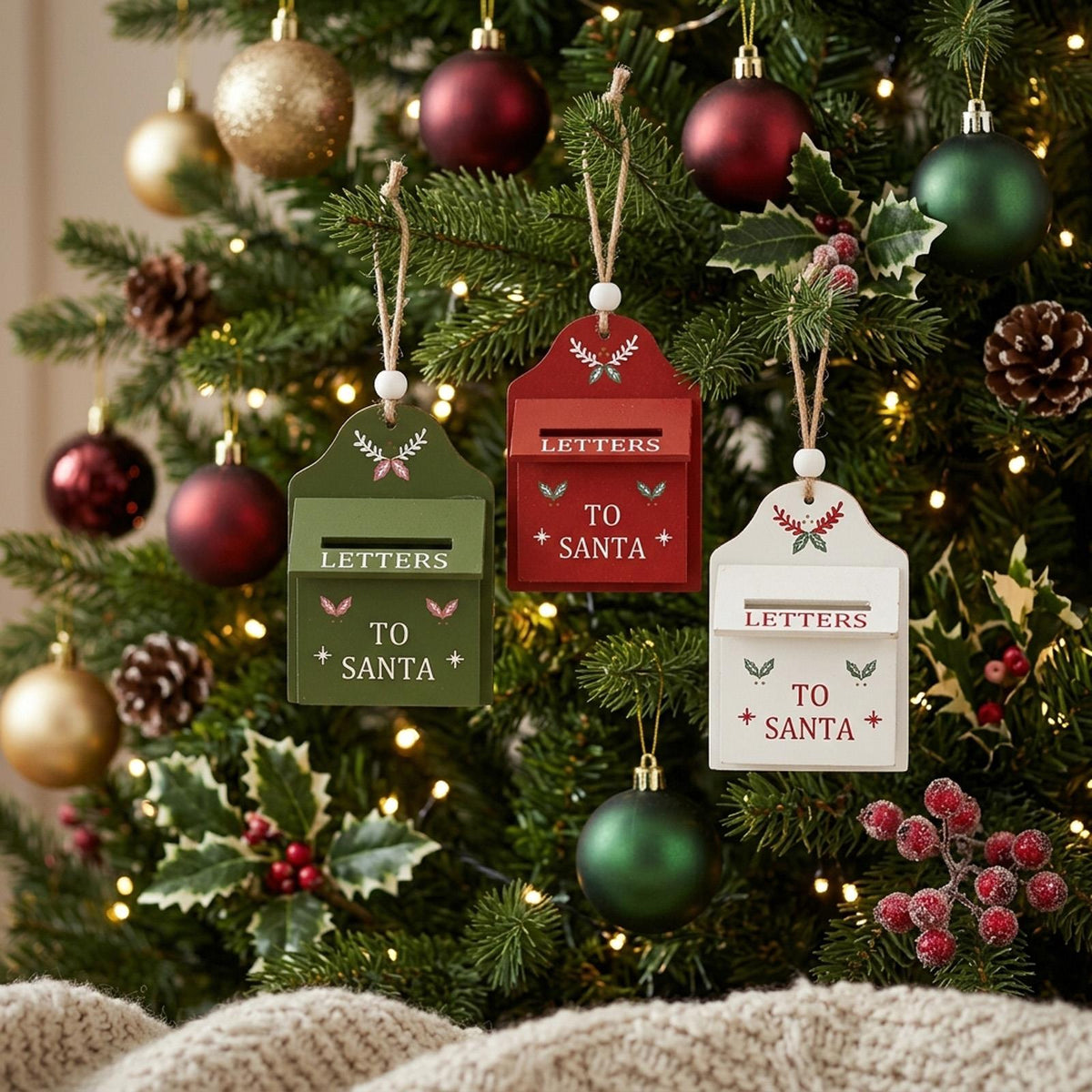 Festive Wooden Mini Mailbox Hanging Christmas Tree Decorations Set (Pack of 3)