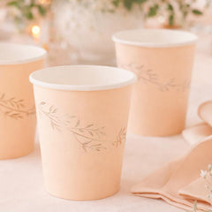 Peach Blush Gold Leaf Paper Party Paper Disposable Cups (Pack of 8, 255 ml)