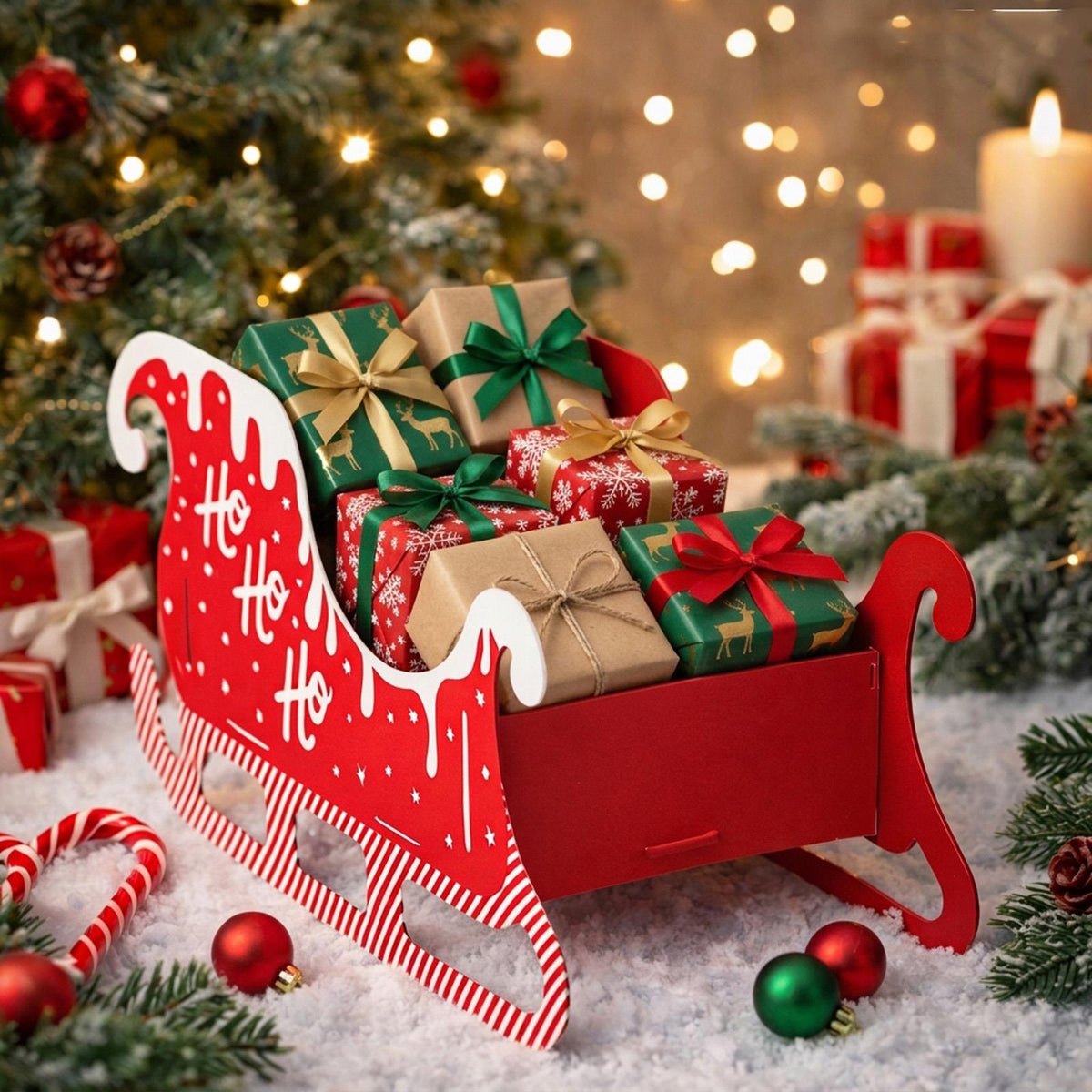Festive Red Present Sleigh Santa Christmas Eve Seasonal Home Decoration Display