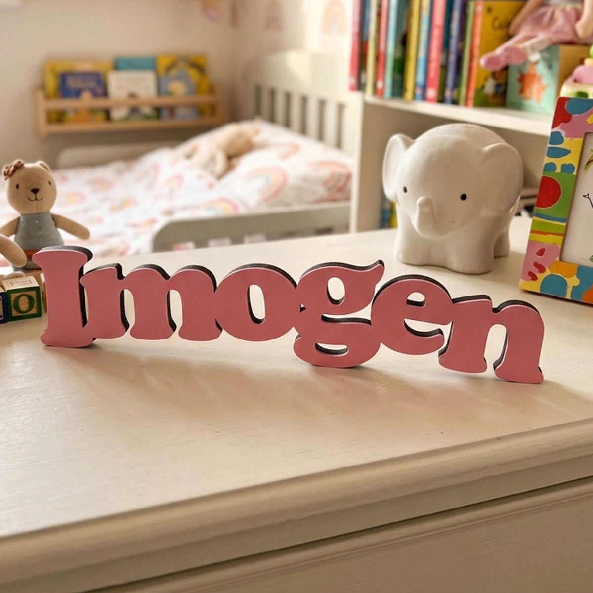Custom Wooden Name Sign for Nursery Shelf Decor and Modern Baby Gift Styling