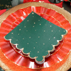 Green & Gold Christmas Napkins, Star Scalloped Festive Dining Tableware (Pack of 16)