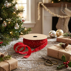 Red Velvet Christmas Ribbon Gold Stars Festive Gift Wrap and Craft Decoration 3m