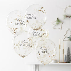 5 Gold Merry Christmas Confetti Balloons for Cheerful Festive Party Decorating