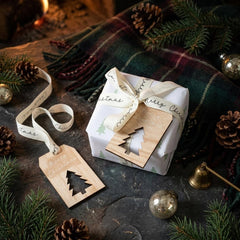 White Green Christmas Wrapping Paper with Ribbon and Wooden Tag, Pack of 2