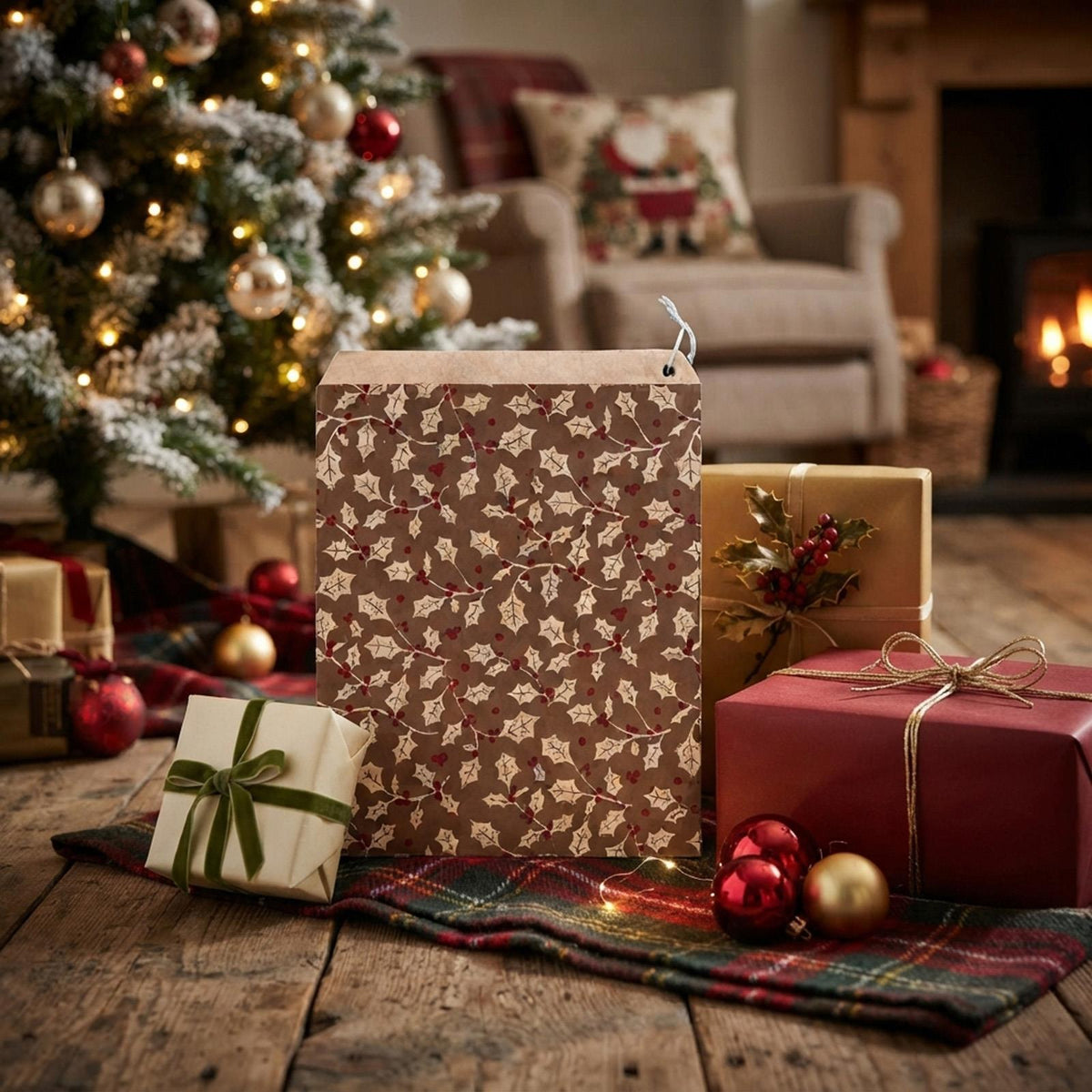 Elegant Red and Brown Large Holly Paper Gift Bags for Christmas Celebrations 50pk