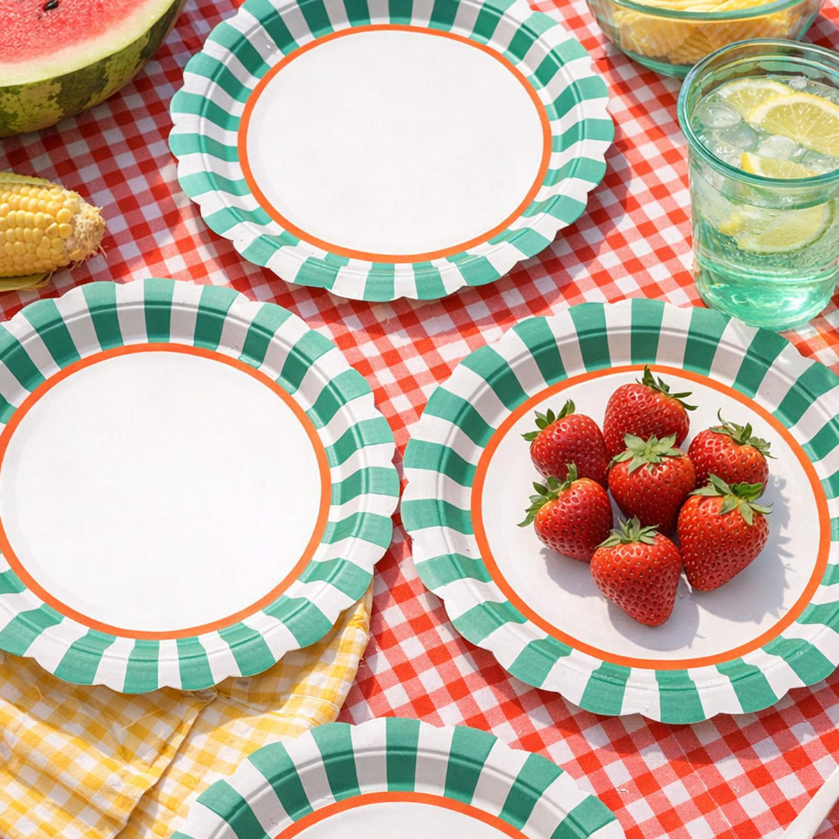 Santex Small Green Striped Paper Party Plates Disposable, Pack of 6