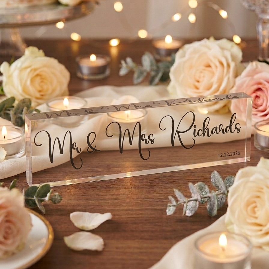 Personalised Mr and Mrs Acrylic Bloc With Couples Names Wedding Date by Luck and Luck