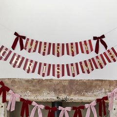 Pink Red Merry Christmas Card Banner with Velvet Bows for Festive Home Decor 2m