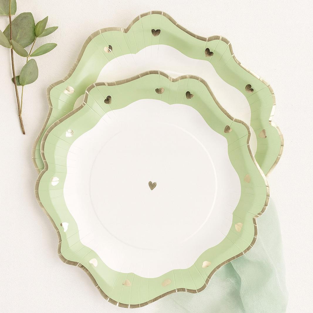 White Green Paper Party Plates with Gold Heart– Set of 8 Romantic Birthday Tableware