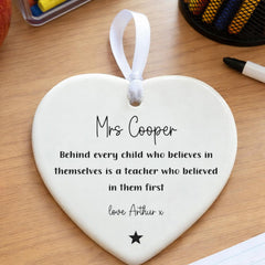 Personalised Thank You Teacher Porcelain Hanging Heart Gift 7 cm