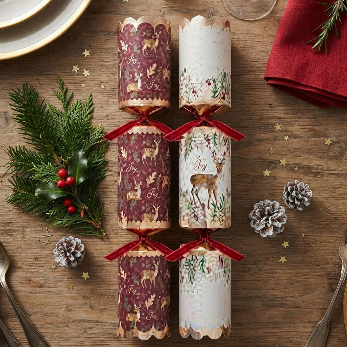 Premium Burgundy Deer Christmas Crackers Red Gold Festive Party Tableware Set of 8