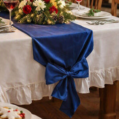 Navy Blue Velvet Christmas Table Runner with Knotted Ends for Festive Dining 35 × 240 cm