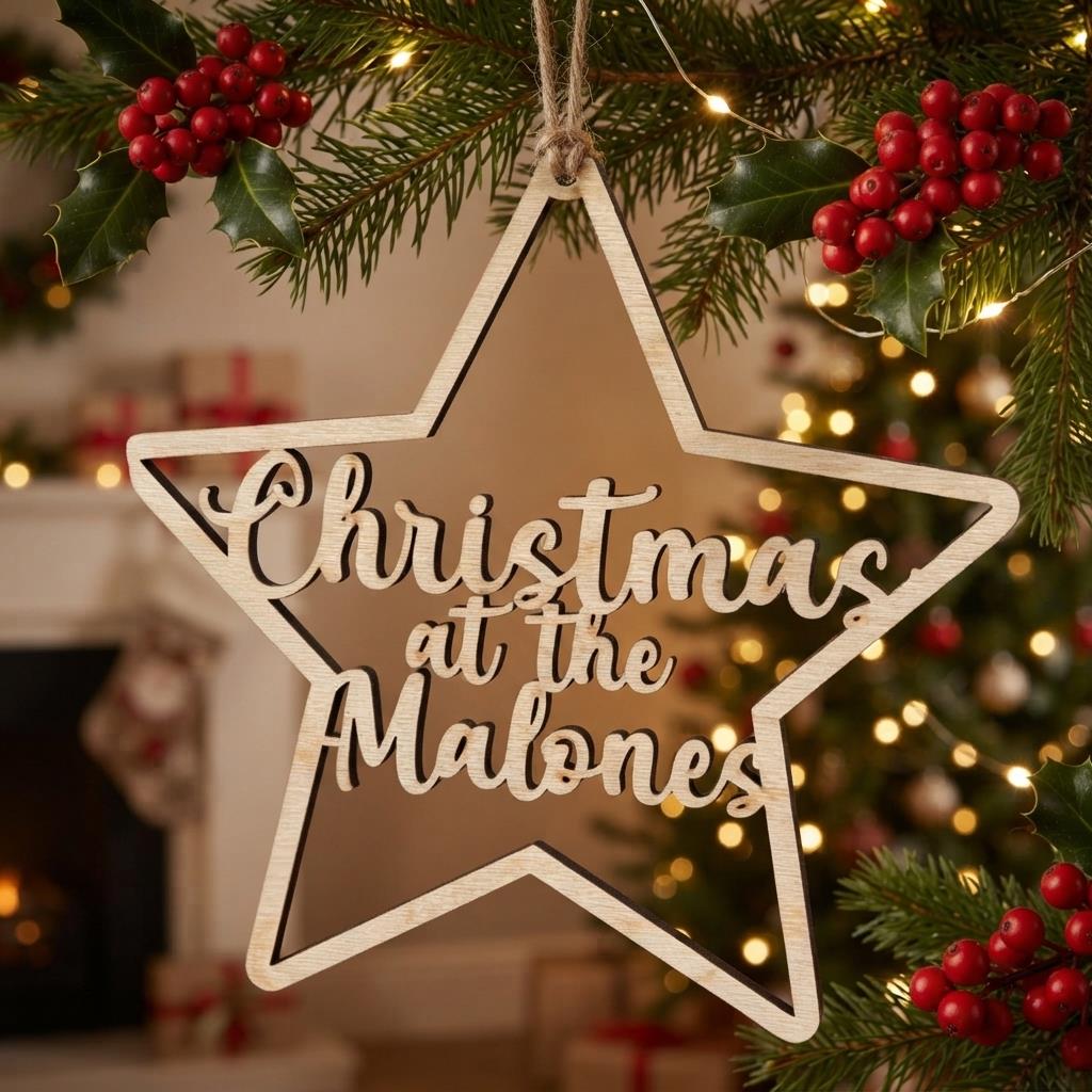 Personalised Wooden Star Christmas Decoration with Name for Festive Home Styling