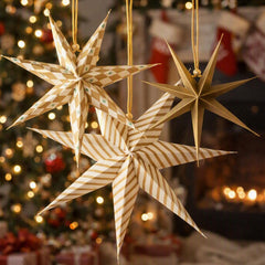 Gilded Gold Christmas Paper Hanging Stars Festive Tree Decorations Set of 3