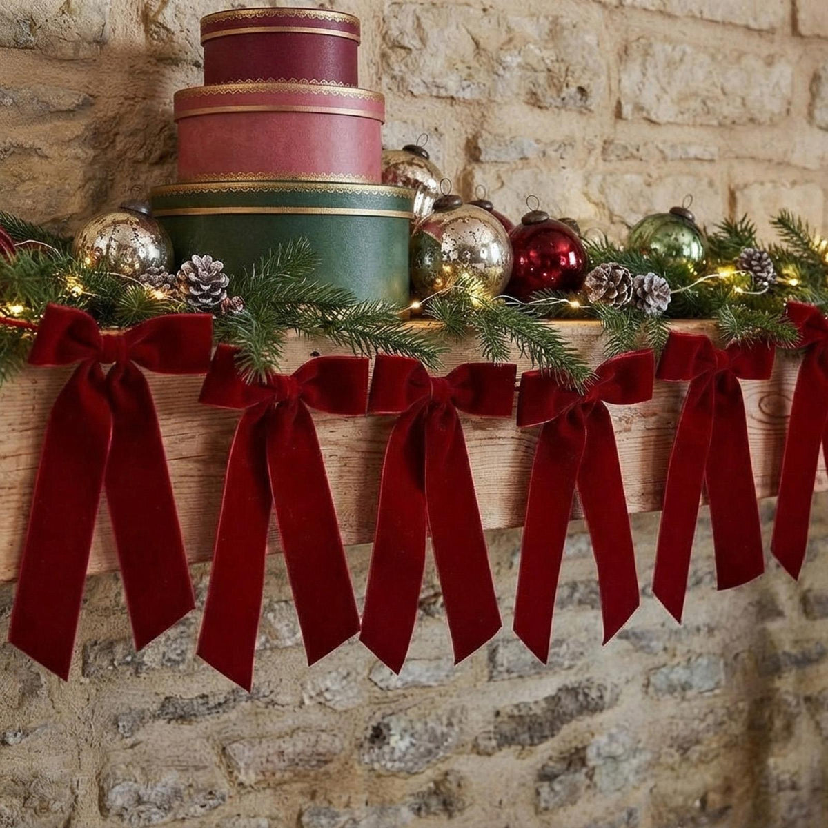 Cheerful Holiday Paper Garland with Red Velvet Bows for Christmas Home Décor 2m
