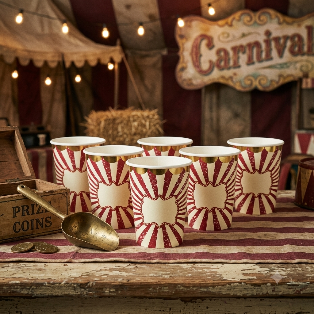 Vintage Circus Paper Cups for Birthday Parties – Red & White 255 ml Paper Drink Cups, Pack of 8