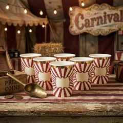 Vintage Circus Paper Cups for Birthday Parties – Red & White 255 ml Paper Drink Cups, Pack of 8